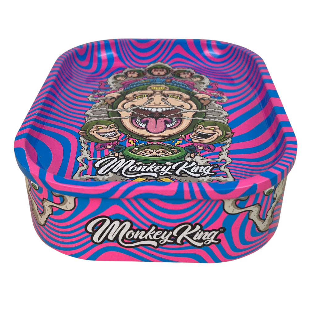 Caja metálica Beetle Print Monkey King vista desde arriba con diseño psicodélico rosa y azul