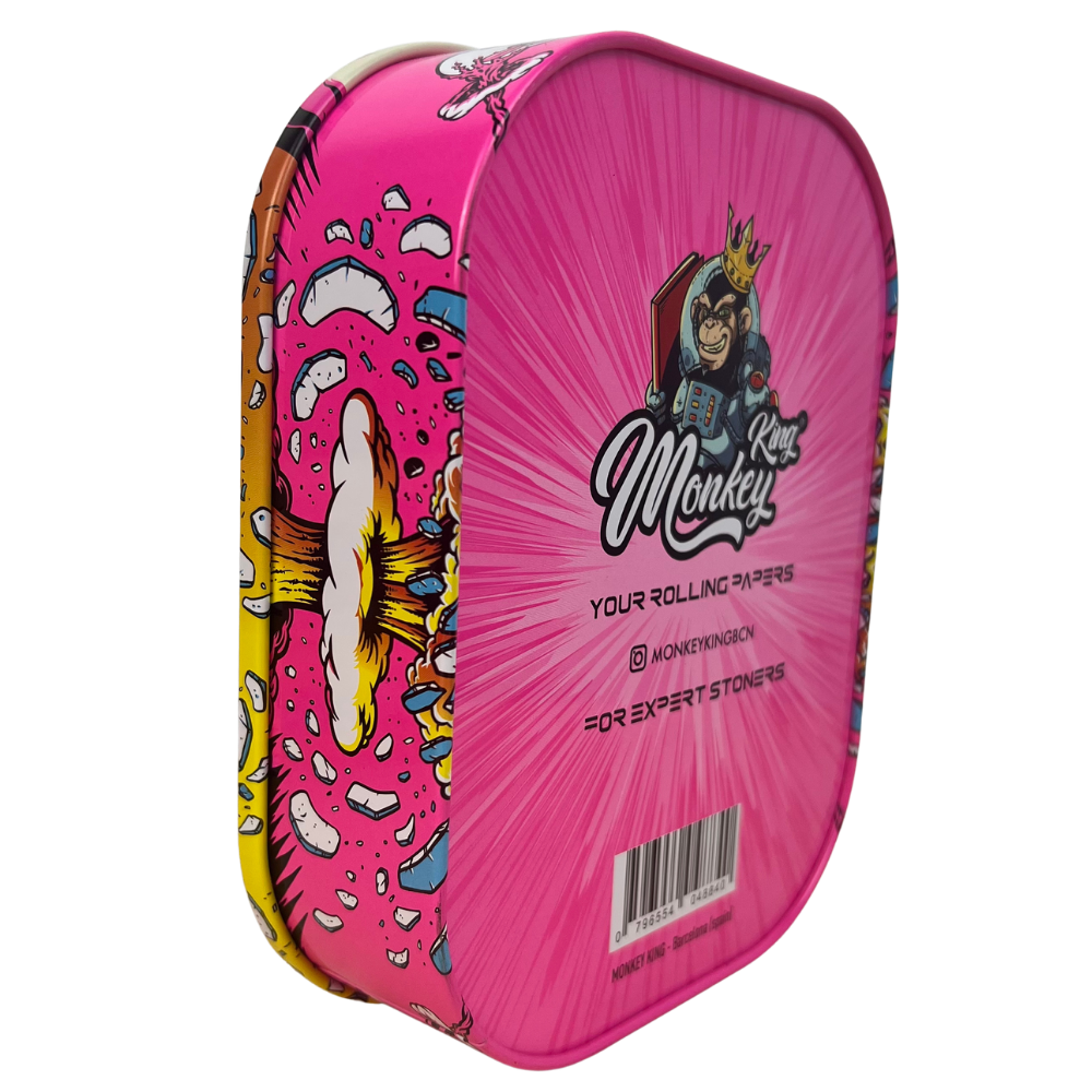 Caja metálica Beetle Print Monkey King Skull Explosion abierta mostrando la tapa ilustrada y el interior metálico dorado