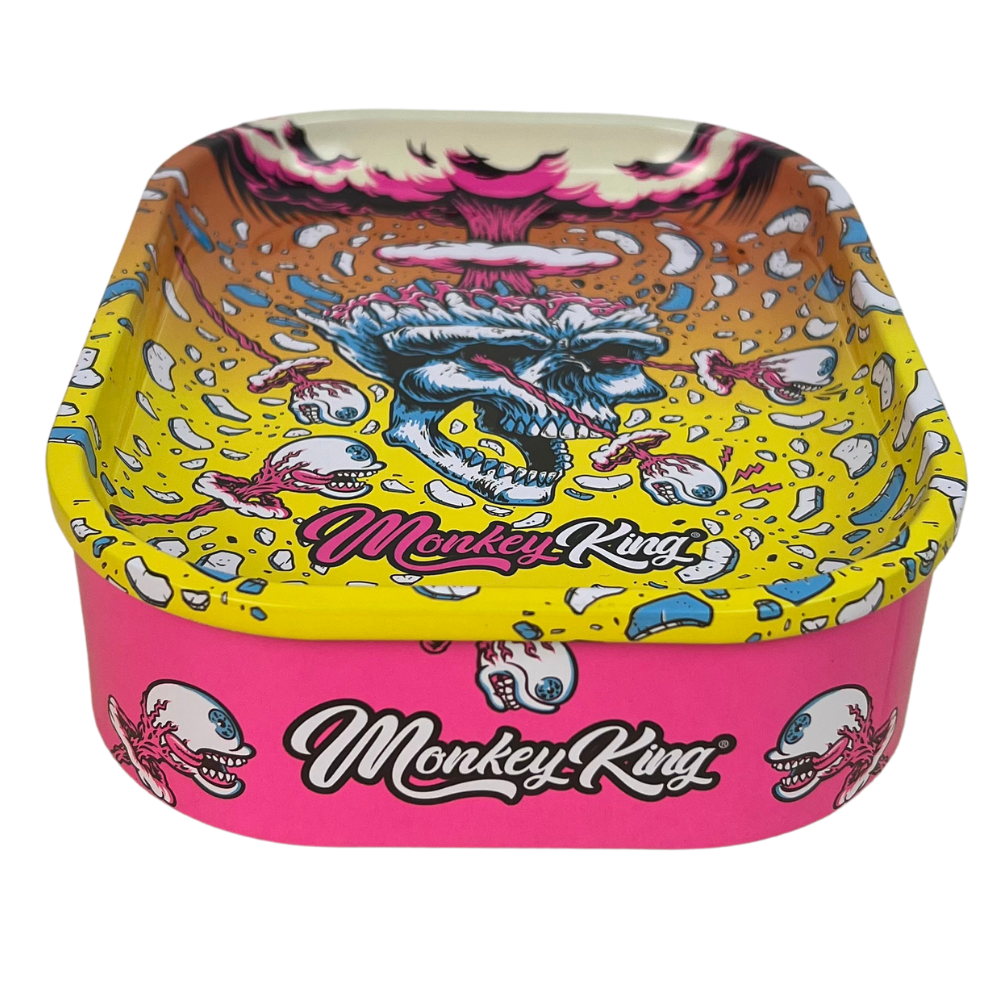 Detalle del diseño exterior de la caja metálica Beetle Print Monkey King Skull Explosion con calavera azul y gráficos multicolor