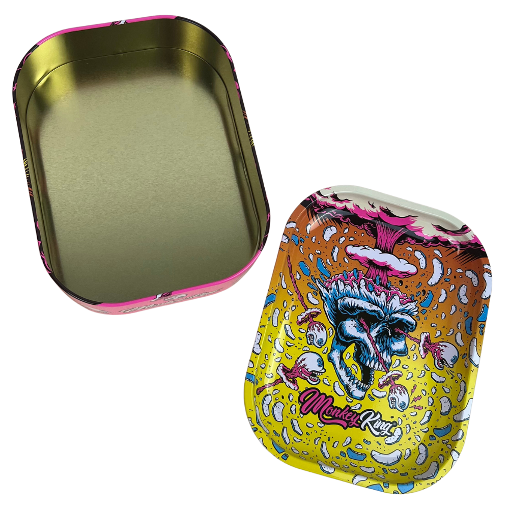 Caja metálica Beetle Print Monkey King Skull Explosion abierta mostrando el interior dorado y la tapa decorada