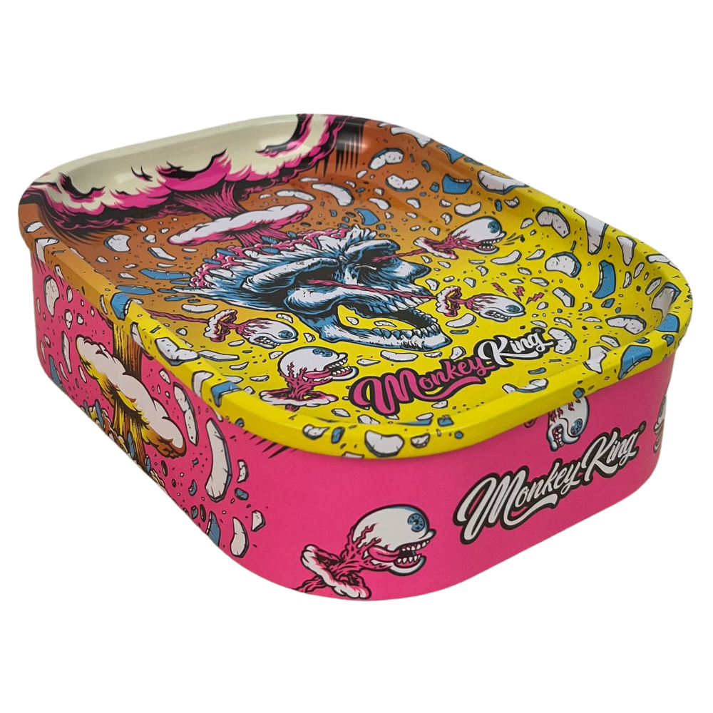 Caja metálica Beetle Print Monkey King Skull Explosion con diseño rosa y amarillo, calavera azul y estética gráfica intensa