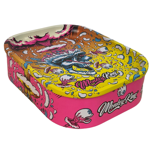 Caja metálica Beetle Print Monkey King Skull Explosion con diseño rosa y amarillo, calavera azul y estética gráfica intensa