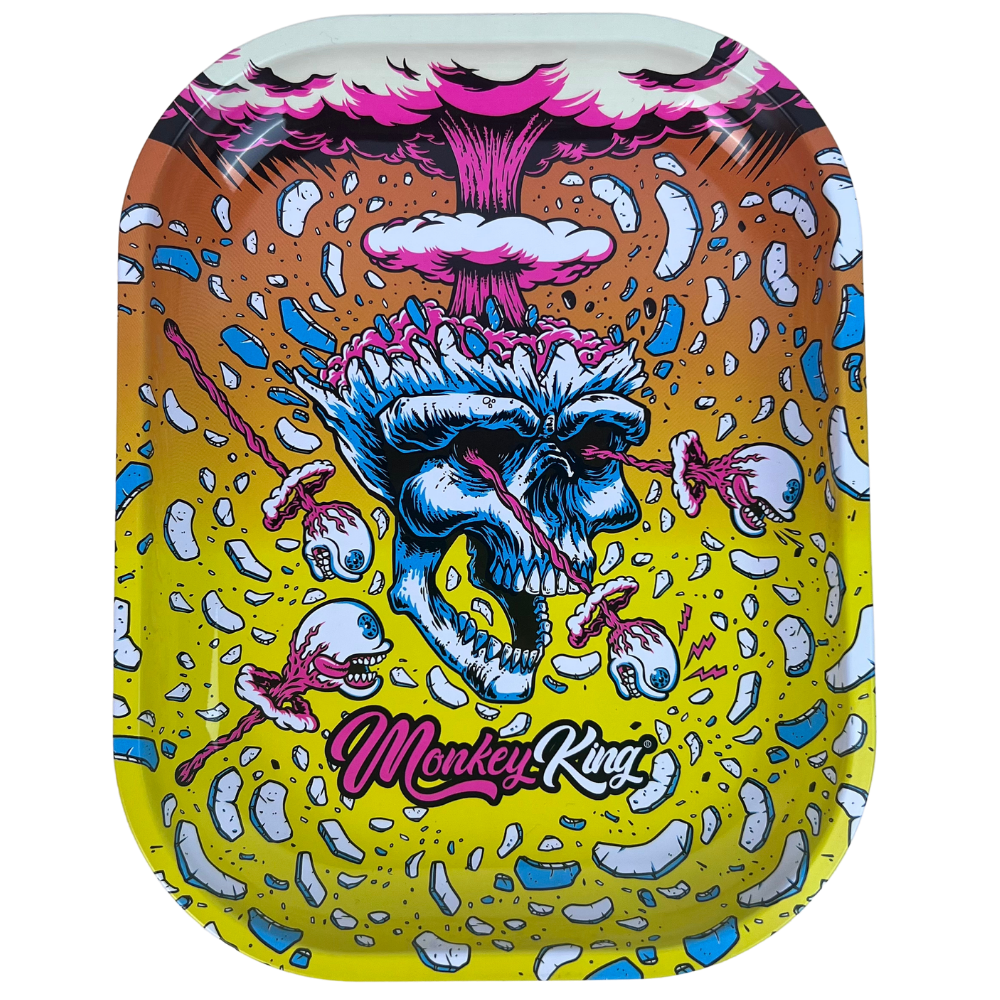 Caja metálica Beetle Print Monkey King Skull Explosion vista desde arriba con diseño rosa, amarillo y azul de inspiración underground