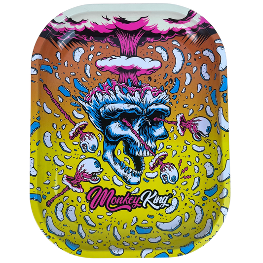 Caja metálica Beetle Print Monkey King Skull Explosion vista desde arriba con diseño rosa, amarillo y azul de inspiración underground