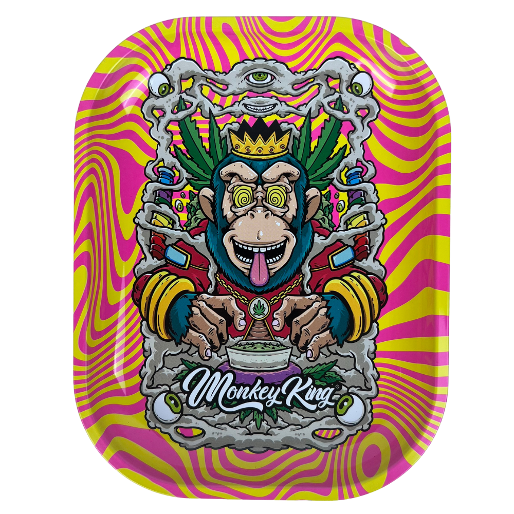 Caja metálica Beetle Print Monkey King vista desde arriba con diseño psicodélico rosa y amarillo