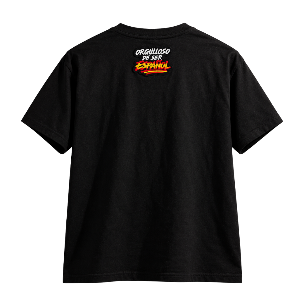 Camiseta negra Haz España Grande Otra Vez de Beetle Print vista desde atrás, con diseño Orgulloso de ser Español en rojo, amarillo y blanco en la parte superior.