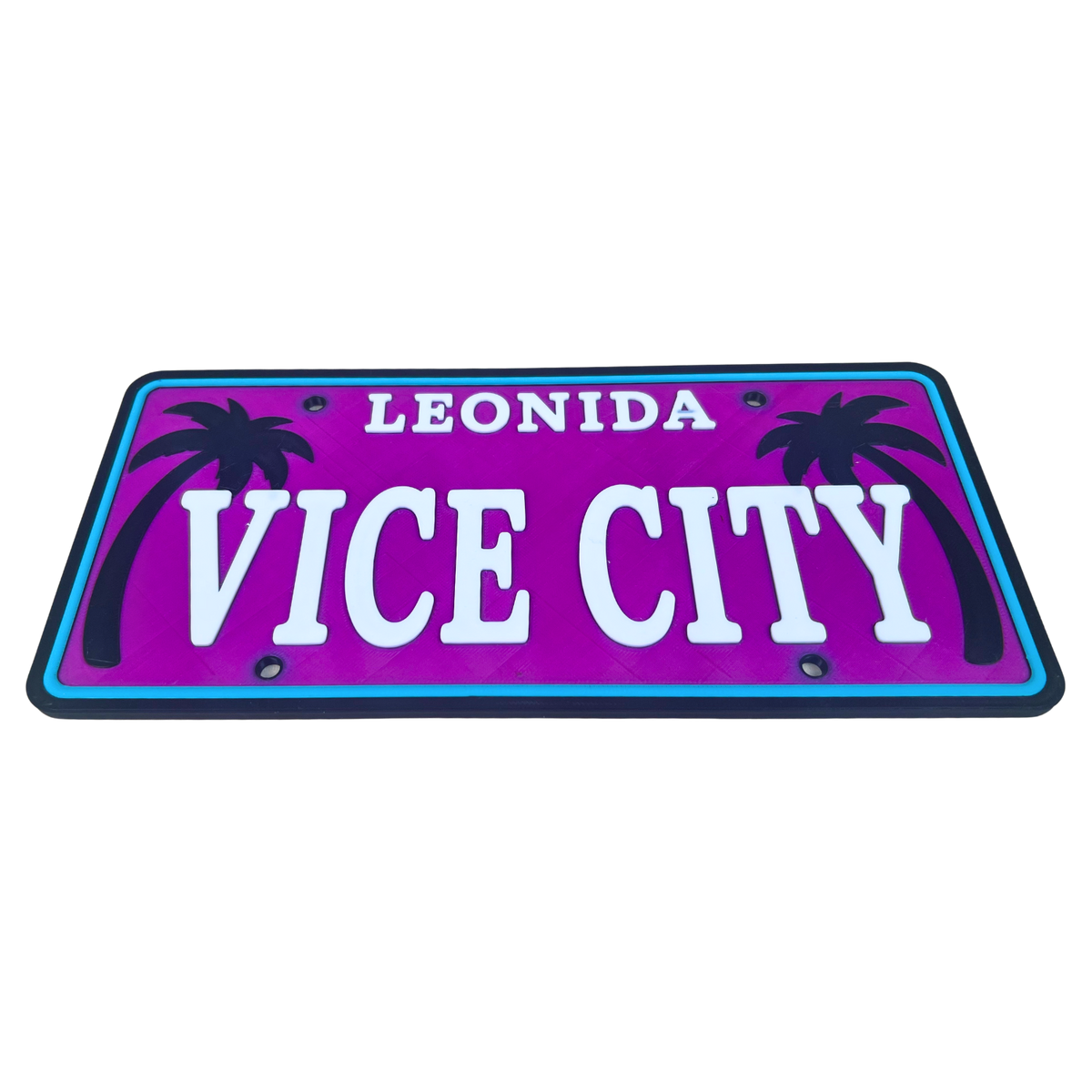 Cartel decorativo Beetle Print Vice City mostrado en perspectiva con diseño rosa y azul neón de estilo retro