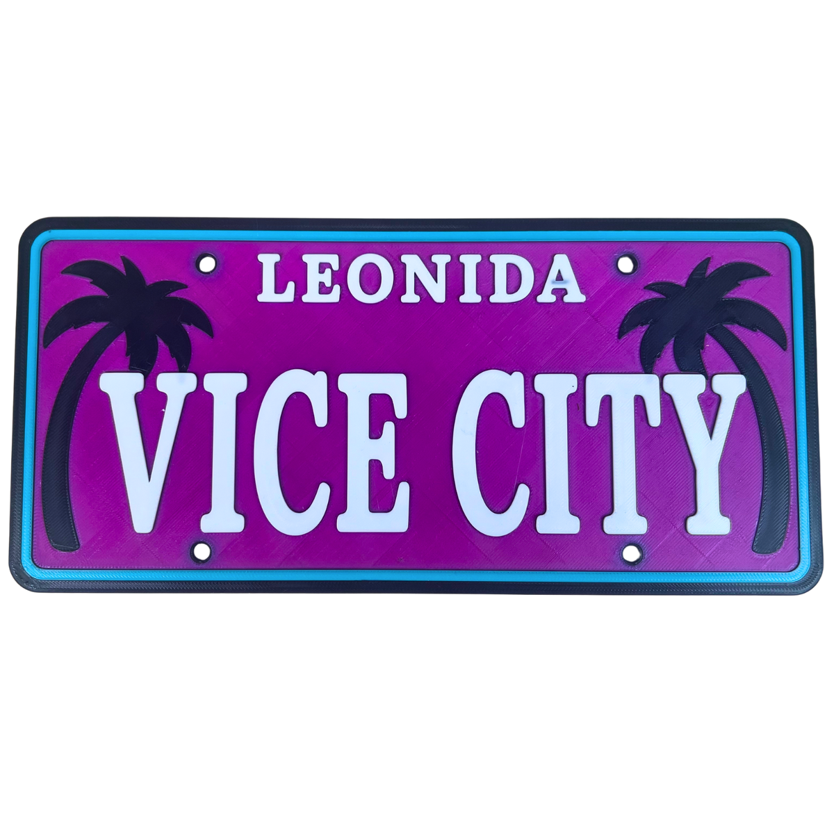 Cartel decorativo Beetle Print Vice City en rosa y azul neón con palmeras y estética retro