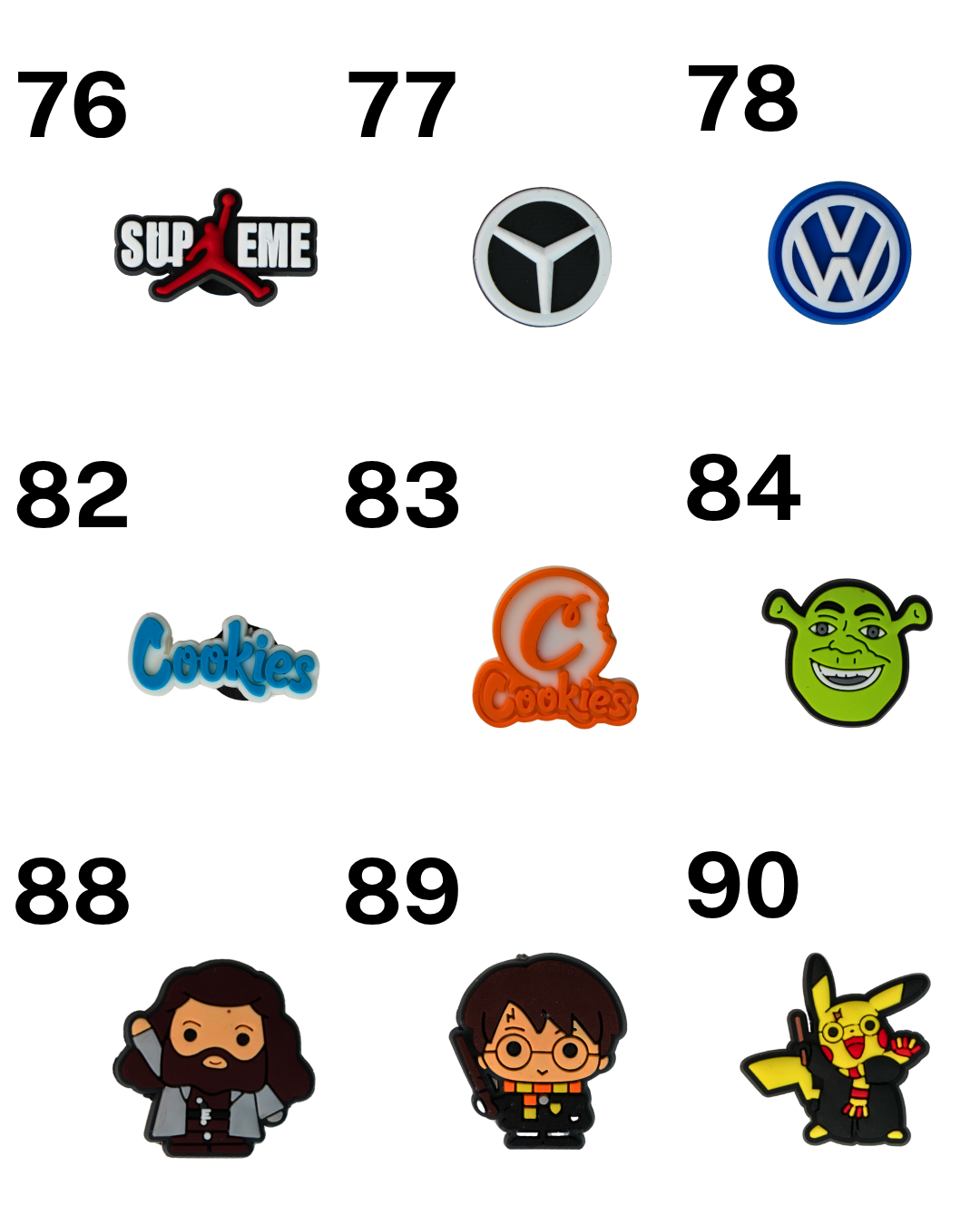 Catálogo de charms de silicona Beetle Print con personajes, logotipos, símbolos y diseños creativos para personalizar accesorios.