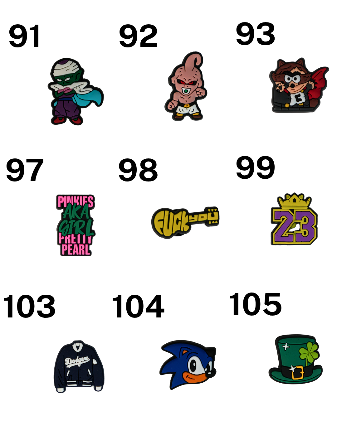 Catálogo de charms de silicona Beetle Print con personajes, iconos, videojuegos y diseños originales para personalizar accesorios.