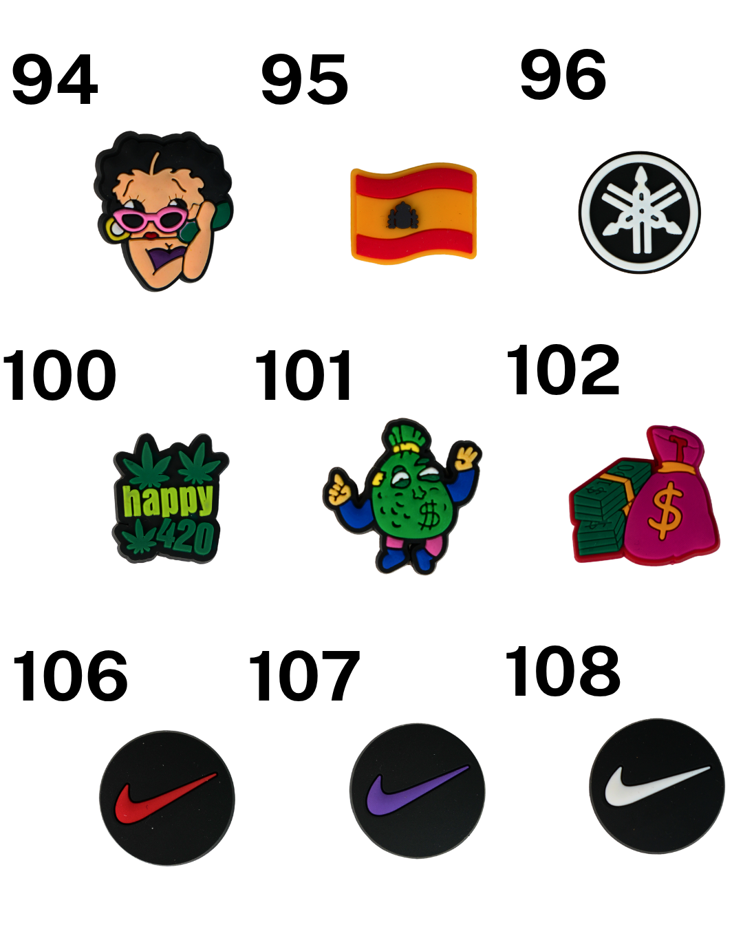 Catálogo de charms de silicona Beetle Print con personajes, logotipos, iconos y diseños variados para personalizar fundas de mechero y accesorios.