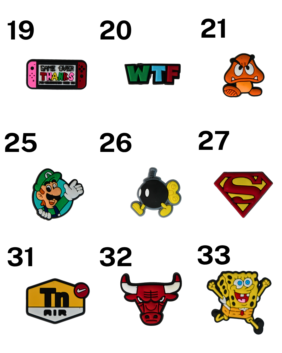 Catálogo de charms de silicona Beetle Print con personajes, logotipos y diseños originales para personalizar accesorios.