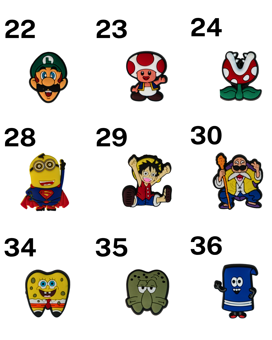 Catálogo de charms de silicona Beetle Print con personajes, logotipos y diseños originales para personalizar accesorios.