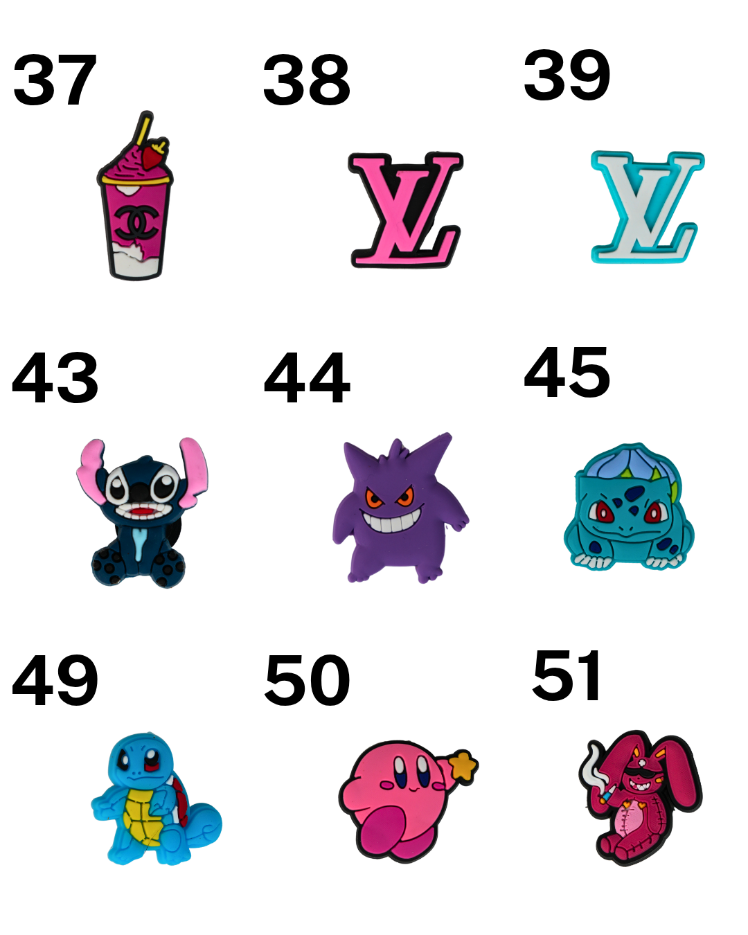 Catálogo de charms de silicona Beetle Print con personajes, símbolos y diseños variados