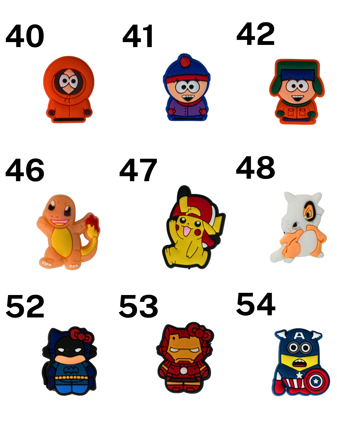 Catálogo de charms de silicona Beetle Print con personajes, símbolos y diseños variados