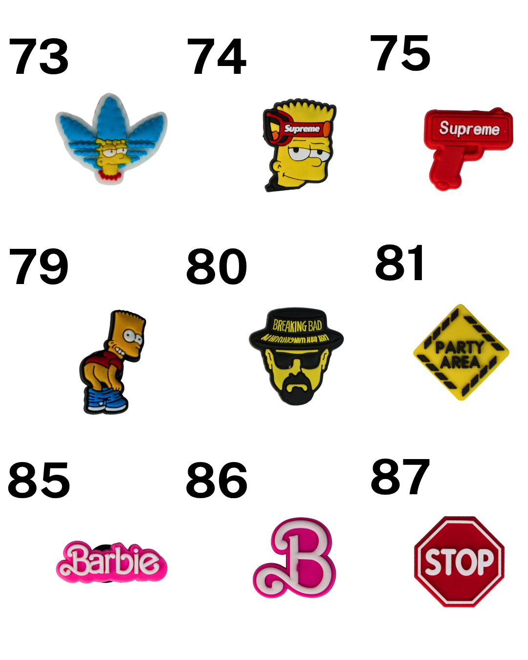 Catálogo de charms de silicona Beetle Print con personajes, iconos, símbolos y diseños variados para personalizar accesorios.