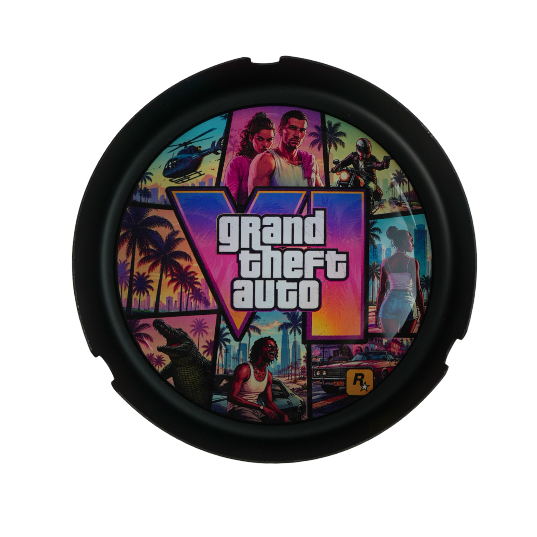 Vista superior del cenicero GTA VI con diseño colorido inspirado en Vice City
