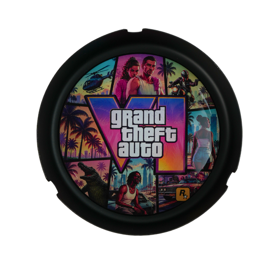 Vista superior del cenicero GTA VI con diseño colorido inspirado en Vice City