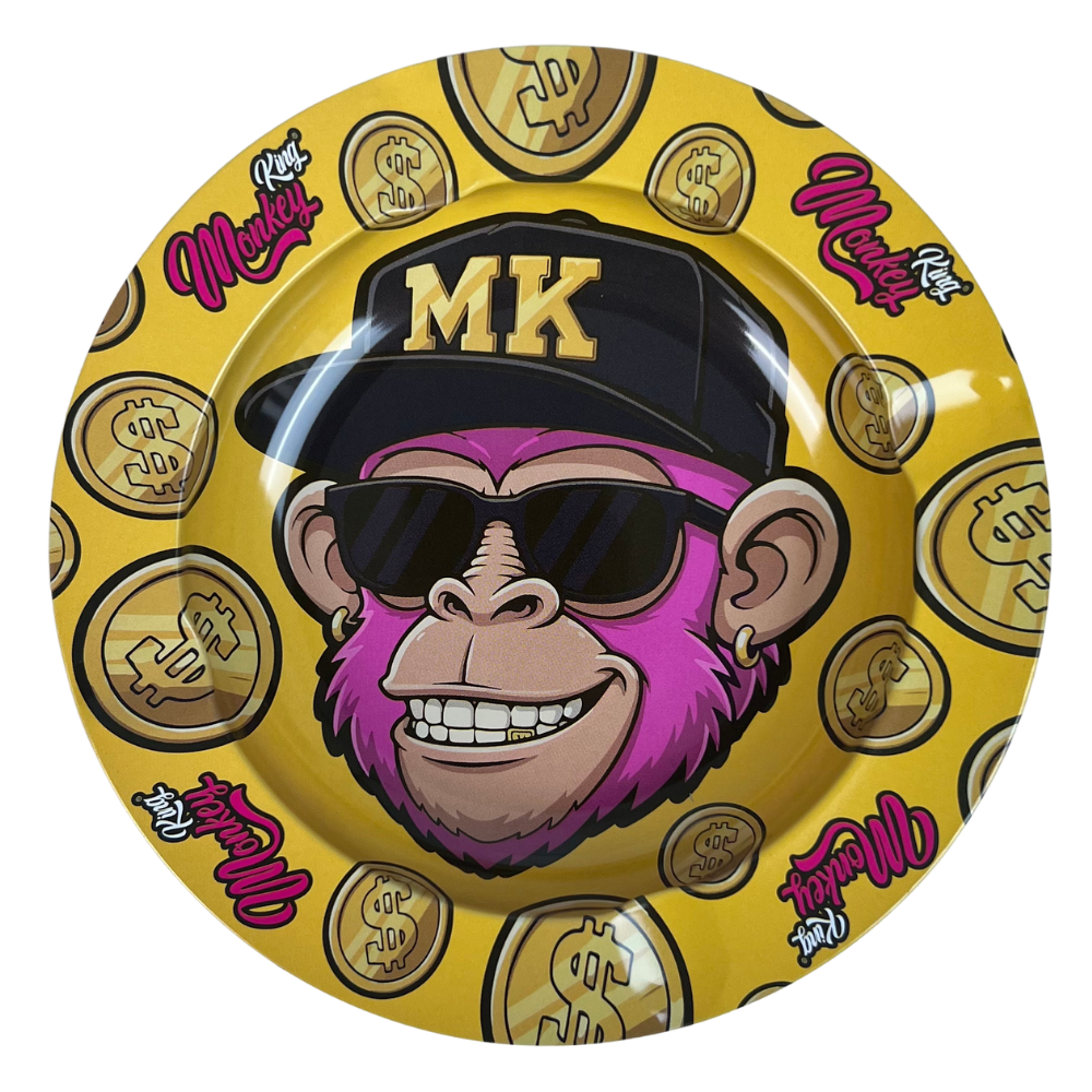 Cenicero metálico Beetle Print Golden Monkey con mono rosa, gafas de sol y diseño dorado con símbolos de dinero