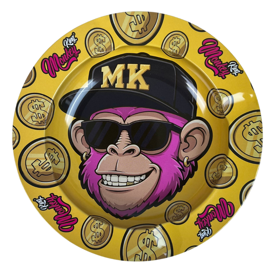 Cenicero metálico Beetle Print Golden Monkey con mono rosa, gafas de sol y diseño dorado con símbolos de dinero