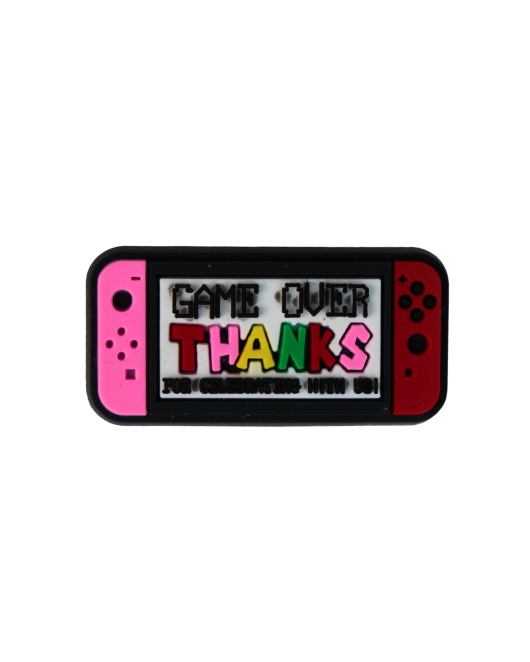 Charm de silicona con diseño de consola portátil y mensaje "Game Over Thanks".