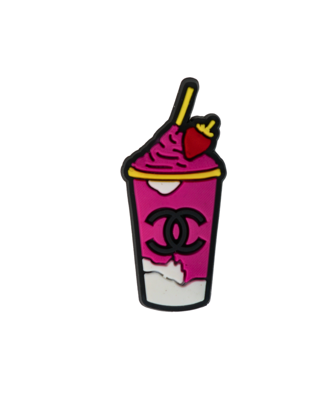 Charm de silicona con diseño de batido rosa.