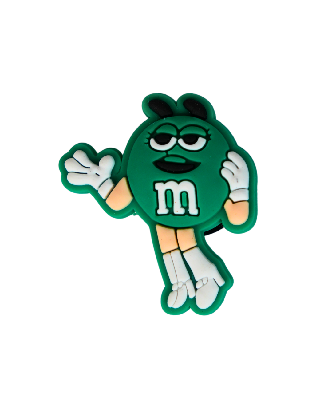 Charm de silicona con diseño de personaje verde estilo M&M's.