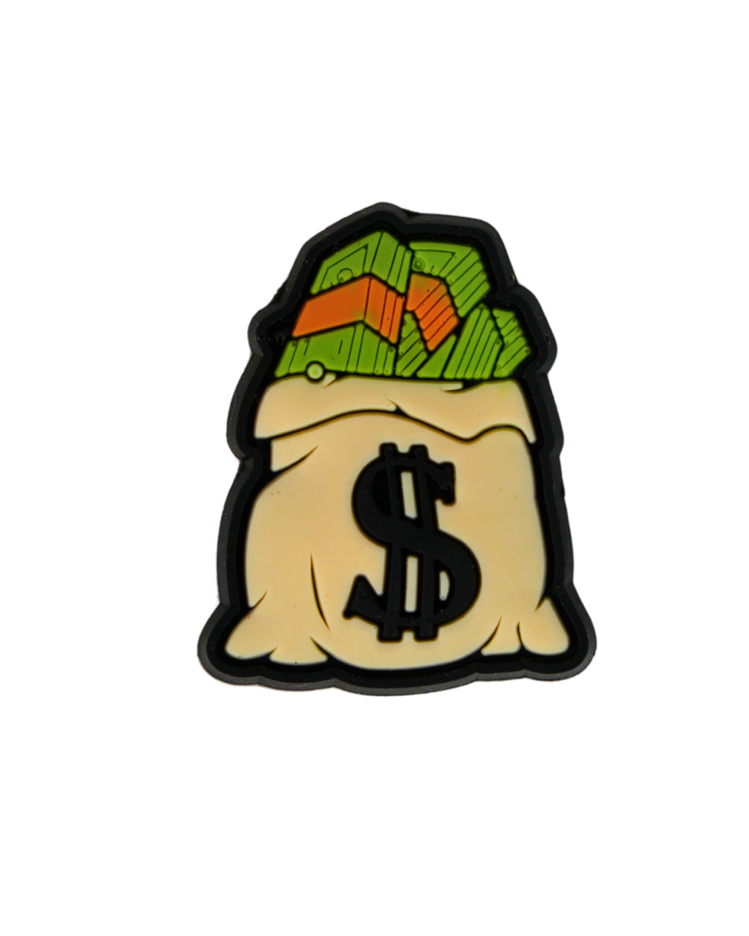 Charm de silicona con diseño de saco de dinero con billetes.