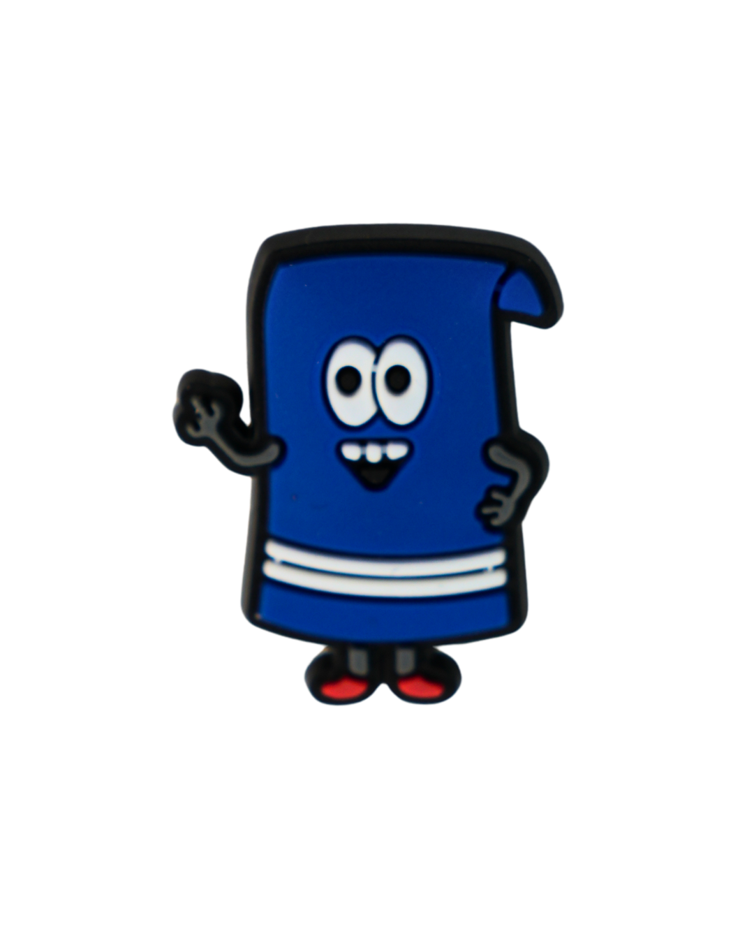 Charm de silicona con diseño de toalla azul sonriente.