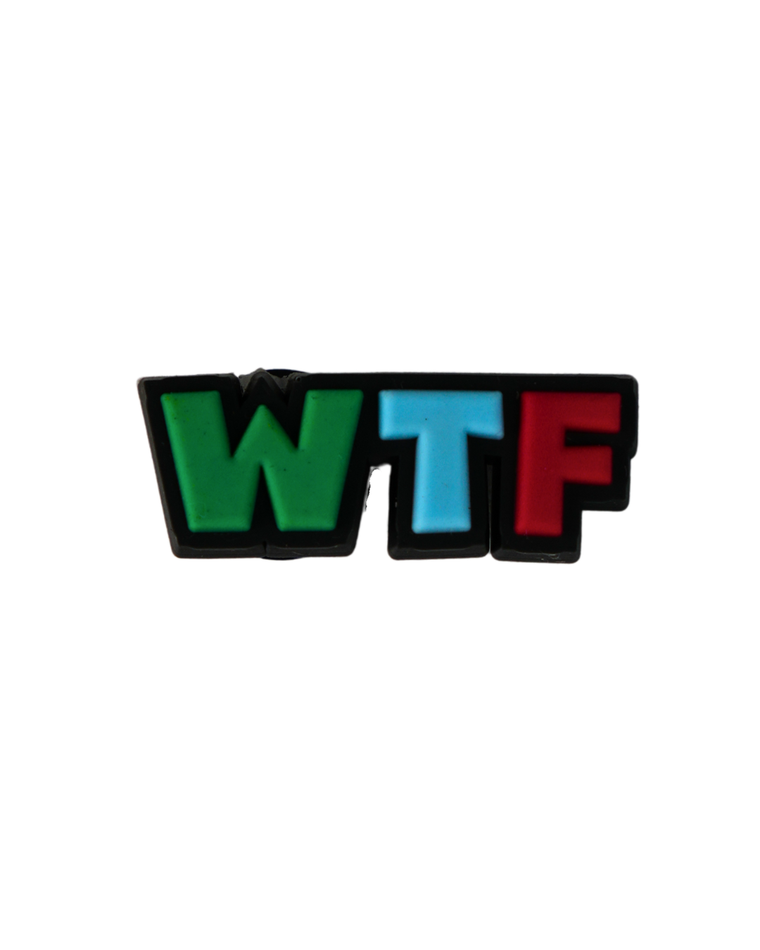 Charm de silicona con texto "WTF" multicolor.