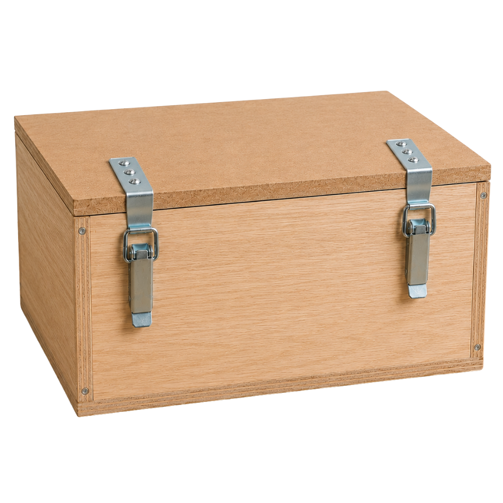 Cierres de palanca metálicos instalados en una caja de madera para asegurar la tapa.