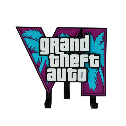 Vista frontal del colgador de llaves de pared impreso en 3D inspirado en GTA VI con tres ganchos integrados.