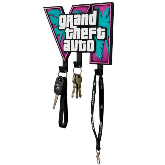 Colgador de llaves de pared impreso en 3D inspirado en GTA VI con tres ganchos utilizados para colgar llaves y un lanyard.