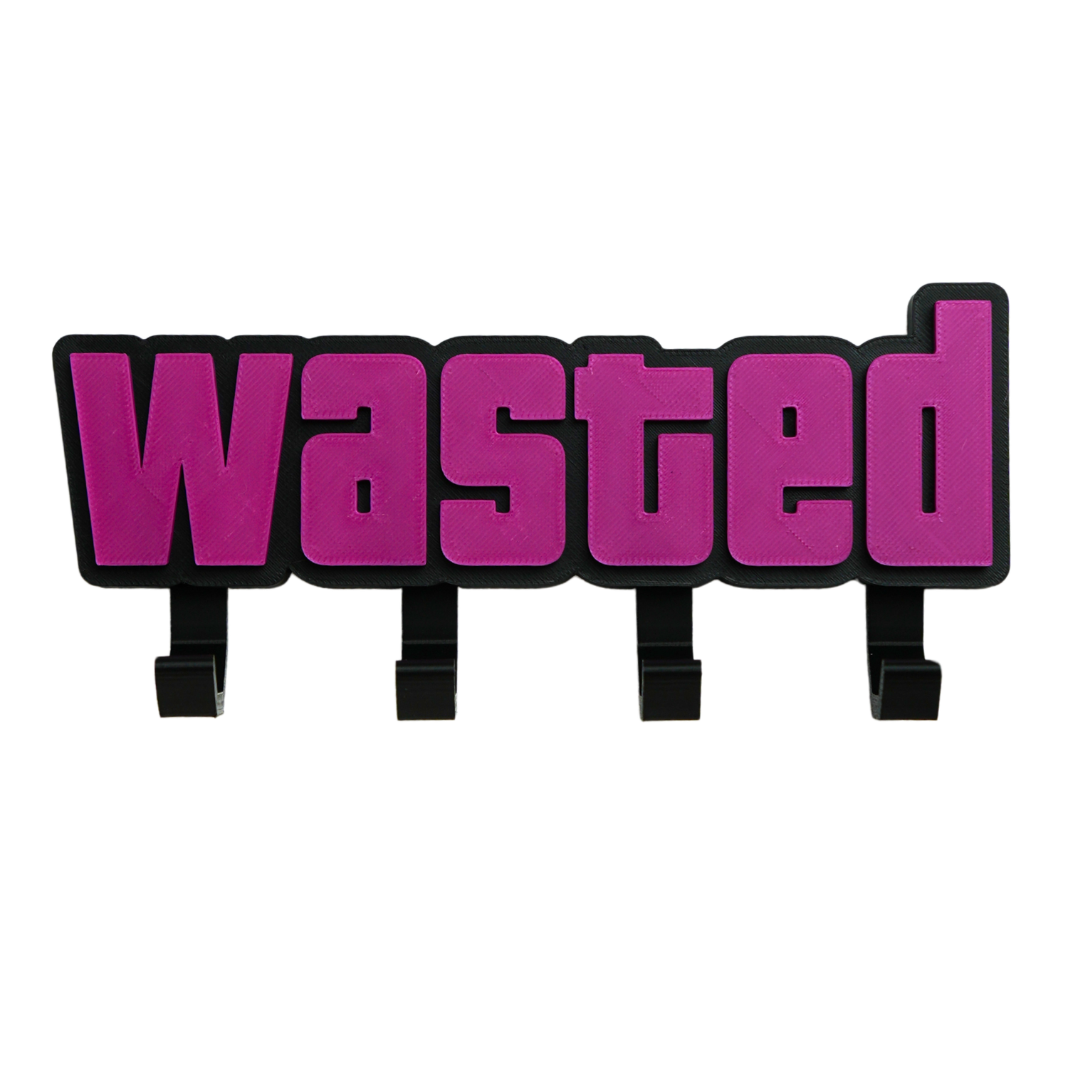 Cuelgallaves de pared impreso en 3D inspirado en GTA con diseño Wasted y cuatro ganchos resistentes.