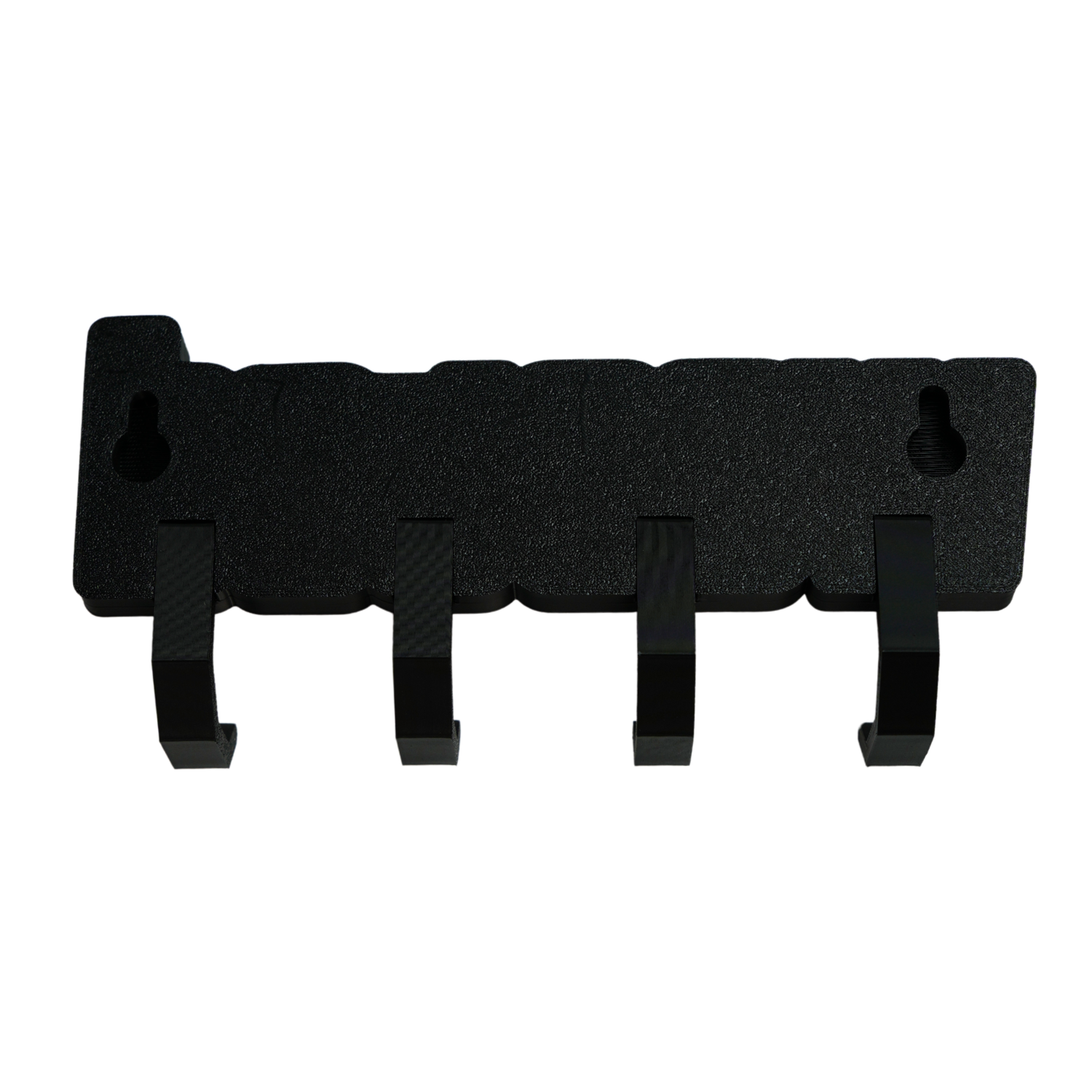 Parte trasera del cuelgallaves de pared impreso en 3D con sistema de montaje mediante dos orificios para tornillos.