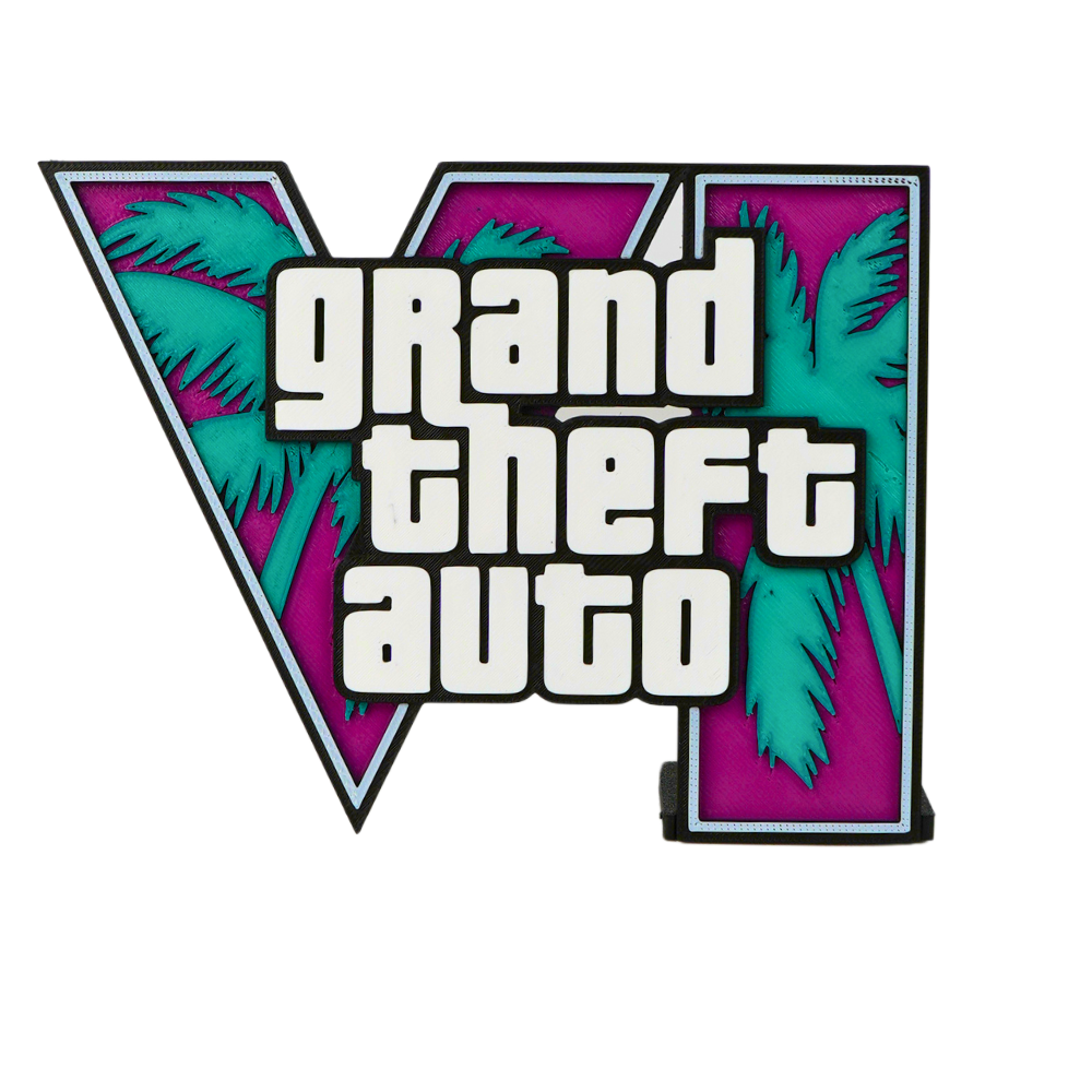 Decoración gaming impresa en 3D inspirada en la estética Vice City vista frontal sobre su base.
