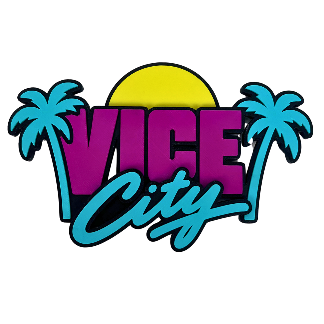 Decoración Vice City 3D Beetle Print con palmeras, sol amarillo y letras rosa y azul de estilo retro tropical