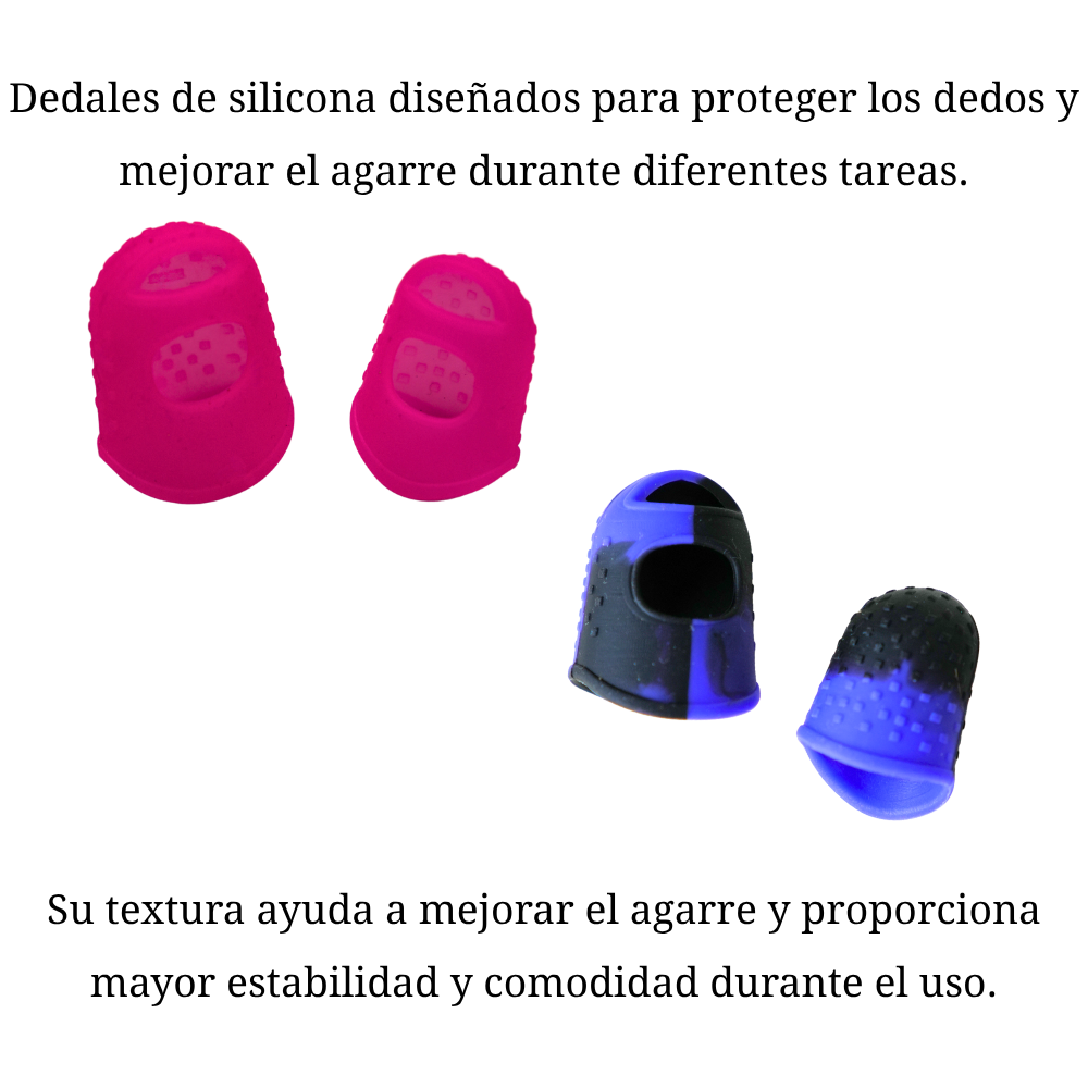 Dedales de silicona y translúcidos en colores rosa y morado.