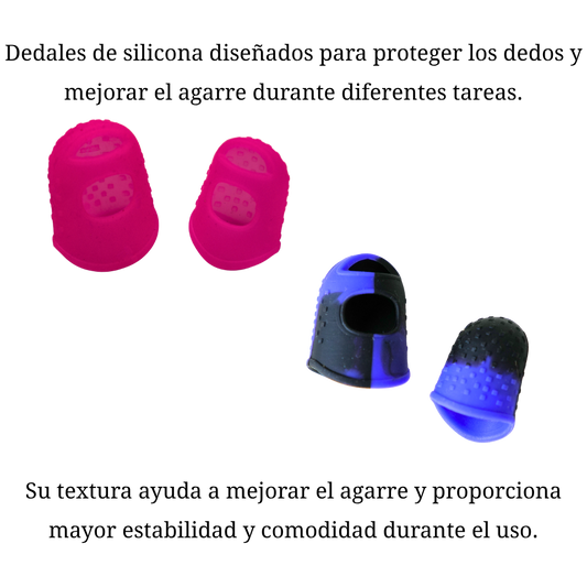 Dedales de silicona y translúcidos en colores rosa y morado.