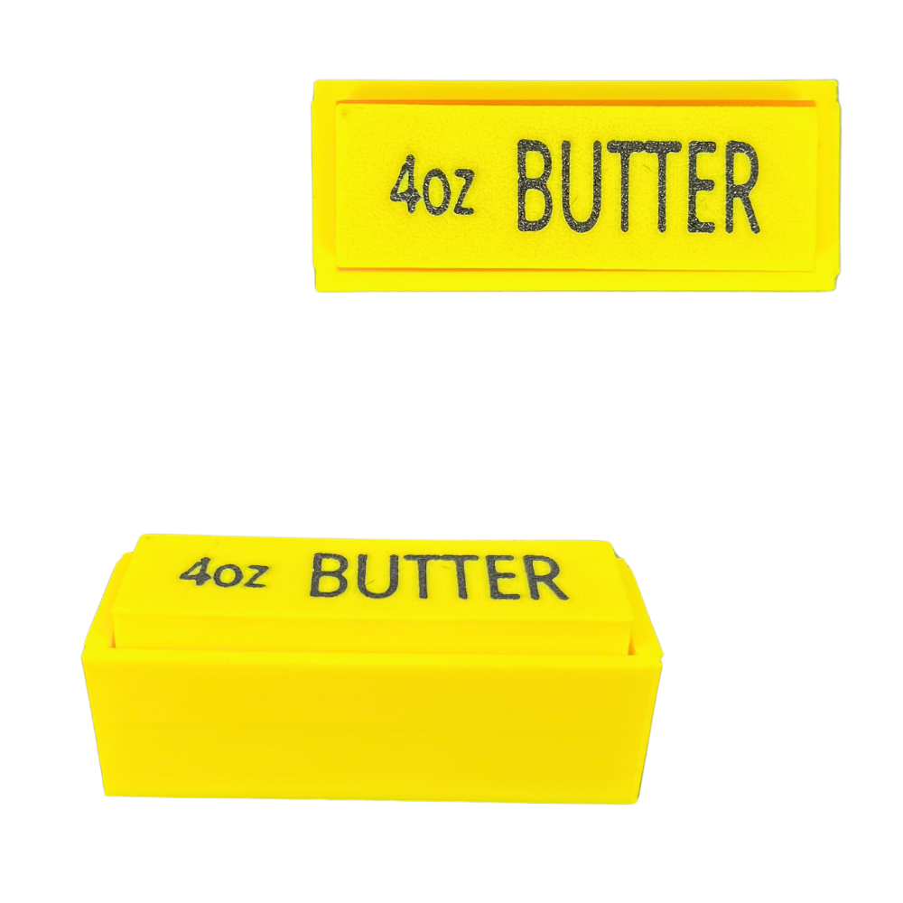 Fidget Clicker Butter Beetle Print mostrado en vista superior y lateral con diseño amarillo y mecanismo de pulsación