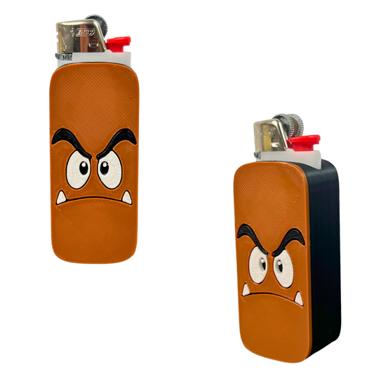 Funda para mechero BIC Angry Mushroom de Beetle Print impresa en 3D, con diseño marrón, grandes ojos, cejas negras y pequeños colmillos blancos.