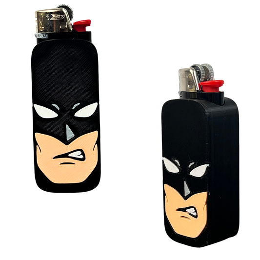 Funda para mechero BIC Dark Mask de Beetle Print en color negro, con diseño de rostro enmascarado y detalles blancos, grises y beige impresos en 3D.
