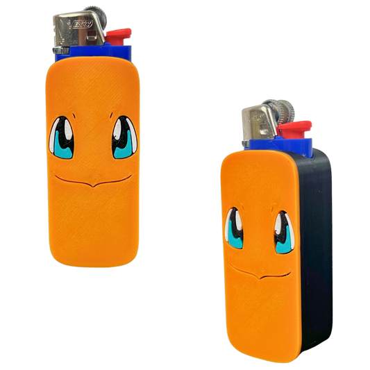 Funda para mechero BIC Fire Lizard de Beetle Print impresa en 3D, en color naranja con grandes ojos azules y diseño de criatura de fuego.