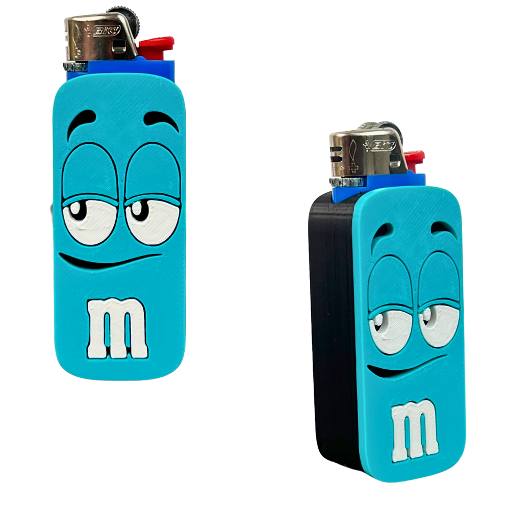 Funda para mechero BIC Mood azul de Beetle Print, impresa en 3D con expresión divertida y detalles blancos y negros en relieve.
