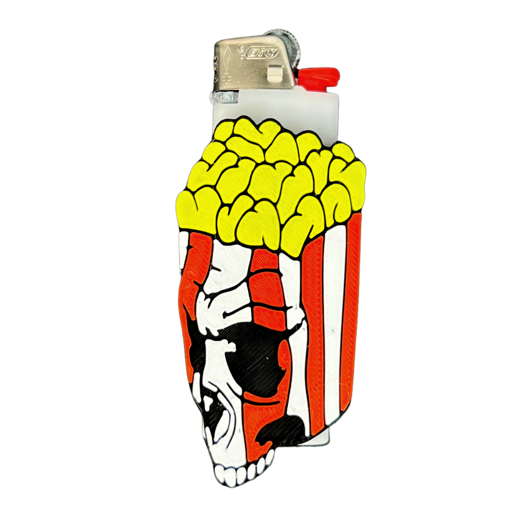 Funda para mechero BIC Popcorn Skull de Beetle Print con diseño de calavera y caja de palomitas, fabricada mediante impresión 3D con detalles en relieve.