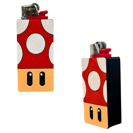 Funda para mechero BIC Power Mushroom de Beetle Print impresa en 3D, con diseño de seta roja y blanca, base beige y detalles en relieve.