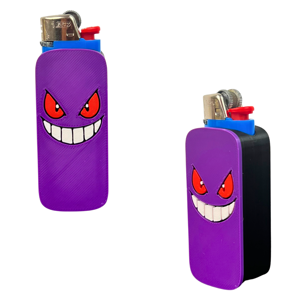 Funda para mechero BIC Purple Grin de Beetle Print impresa en 3D, en color morado con ojos rojos y gran sonrisa blanca en relieve.