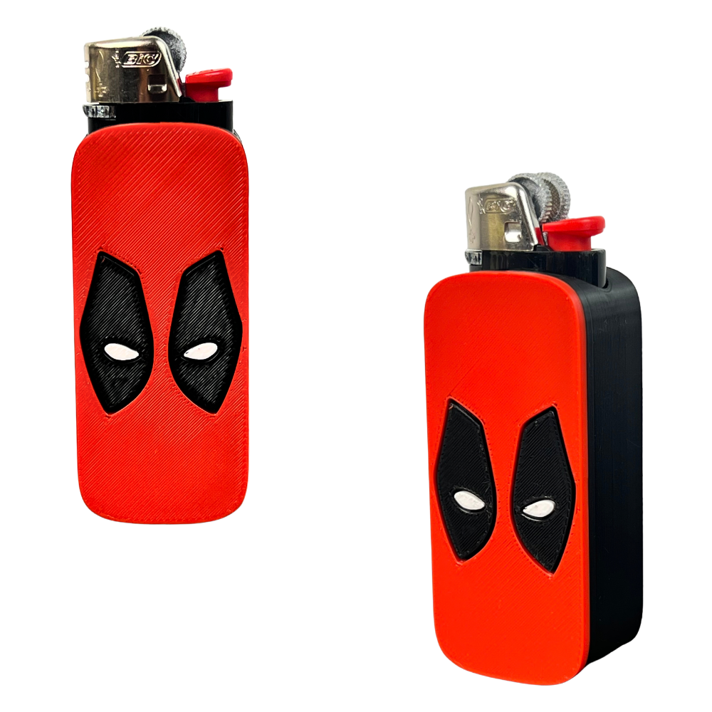 Funda para mechero BIC Red Mask de Beetle Print en rojo y negro, con diseño de máscara, ojos blancos y detalles en relieve fabricados mediante impresión 3D.