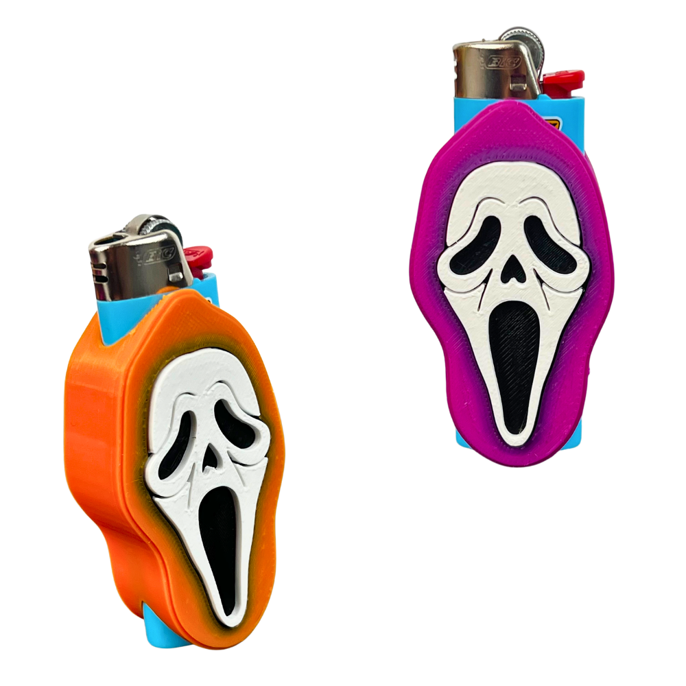 Fundas de mechero BIC con máscara de terror 3D disponibles en rosa y naranja