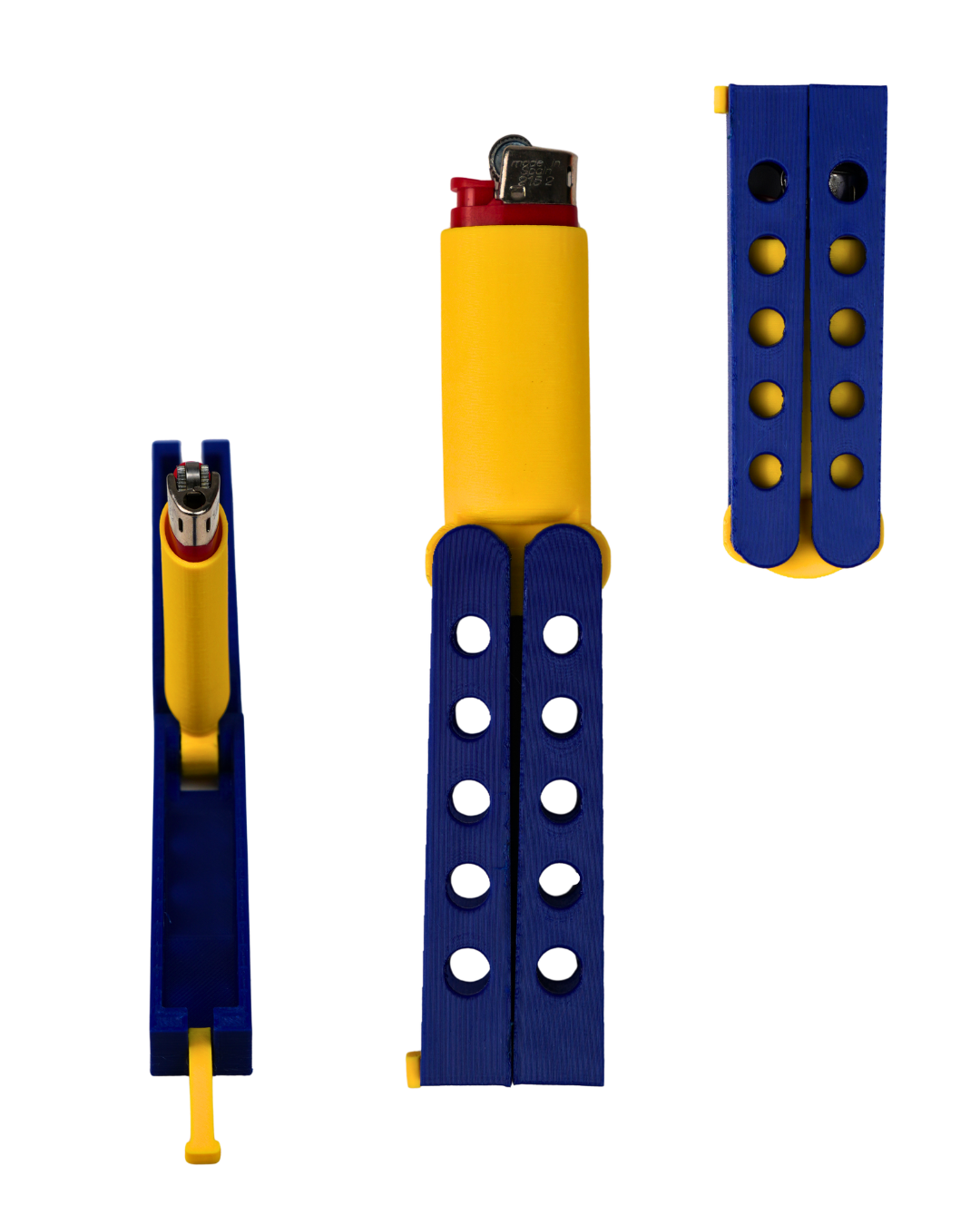 Funda para mechero BIC Spin Flame Mini azul y amarilla impresa en 3D con apertura tipo mariposa y diseño compacto.